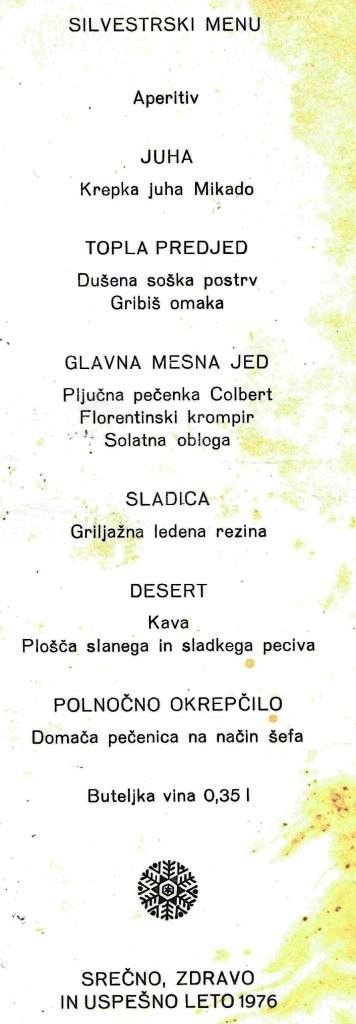 Hotel Kanin Bovec New Years Eve 1975 dinner menu